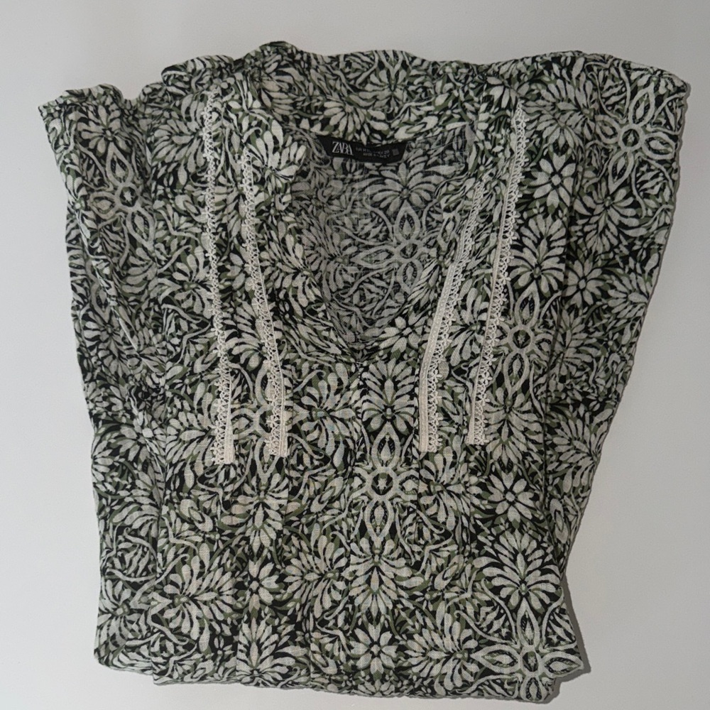 Zara Linen Green Floral Patterned Dress
